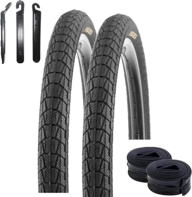 Zdjęcie produktu dla 2 x Kenda K-907 Krackpot 20" BMX opona rowerowa Obudowa roweru w kolorze czarnym 50-406 ( 20 x 1,95 ) + 2 pasujące dętki AV w tym 3 dźwignie do opon