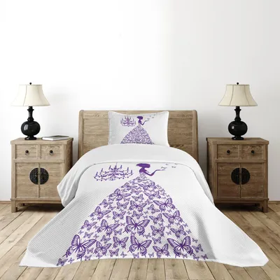 Produktbild von ABAKUHAUS Liebe Tagesdecke Set, Romantische Fairtytale Lady Schmetterlinge Prinzessin mit antiken Leuchter-Grafik, 170 x 220 cm, Lila und Weiß
