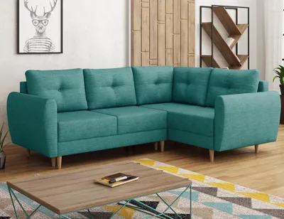 Produktbild von Easy4You Türkis Ecksofa Manstad in L-Form 234x90x160 cm mit Schlaffunktion und Bettzeugbehälter - Schlafsofa mit Bettkasten und Holzfüße - Eckcouch Rechts mit Stauraum - Stoff: Lux 30