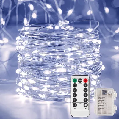 LED Lichterkette 10 m, 100 kaltweiße LEDs, batteriebetrieben, Fernbedienung