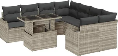 Produktbild von vidaXL Gartensofa-set mit Kissen mit Kissen 9 pcs Hellgrau Polyrattan