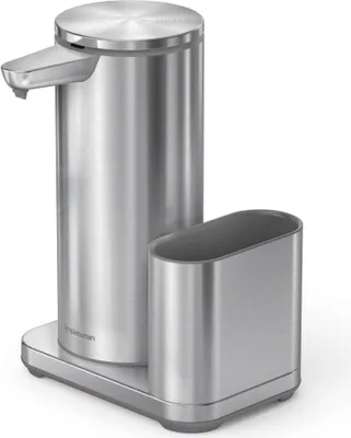 A stainless steel soap dispenser and caddy set on a white background.