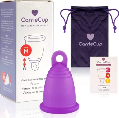 Produktbild von CarrieCup Menstruationstasse Medium, Germany - BPA-frei, Alternative zu Tampons und Binden, silikonfrei - inkl. Beutel Lila (Größe: M)