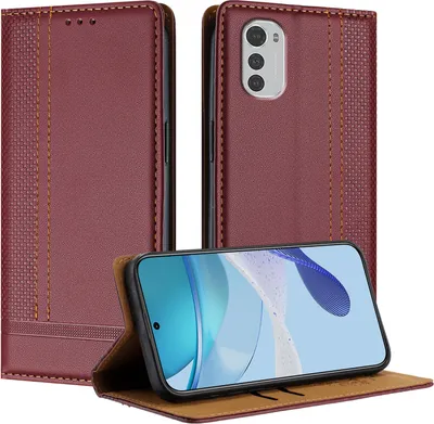 Produktbild von Handyhülle für Motorola Moto E32 Leder Flip Klappbare Schutzhülle mit Standfunktion Dunkelrot