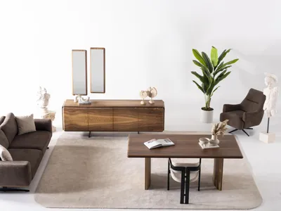 Produktbild von Elegantes braunes Holzsideboard mit Spiegel in warmem Braun
