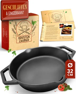 Produktbild von KRUSTENZAUBER Gusseisenpfanne Induktion 32cm Doppelgriff - inkl. Anleitung und Rezeptbuch - Geschliffene Pfanne Gusseisen, Eisenpfanne