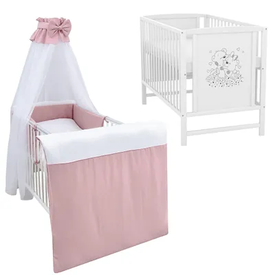 Produktbild von Baby-Delux Babybett Gitterbett Mia weiß 120×60 inkl. Matratze Bettwäsche Set 10tlg Musselin Waffelpique Rosa