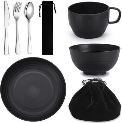 Produktbild von Famanu Campinggeschirrset 6-teilig - Edelstahlbesteck für Outdoor, Picknick und Reisen