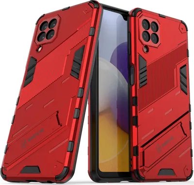 Produktbild von Armor Hülle für Samsung Galaxy A22 4G, Hybrid PC TPU Bumper Stoßfestes Schutzhülle mit Standfunktion Rot