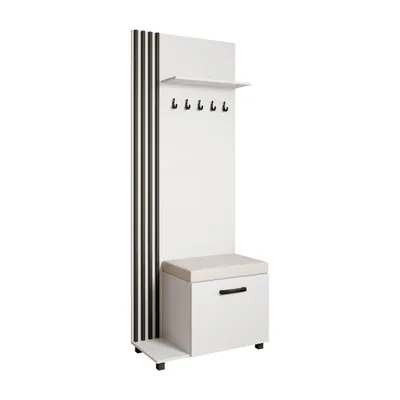 Produktbild von Garderobenschrank LIVIA Links Weiß – Garderobe mit Kleiderhaken, Schuhschrank, schwarze Lamellen, hellbeiges Sitzkissen, Hochschrank, Flurmöbel