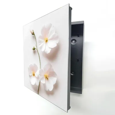 Produktbild von Schlüsselkasten Schwarz Metall, weiße Blumen Motiv hinter Glas, Moderne Schlüsselbox linksöffnend, 32x28x6,5 cm, 20 Haken für Ordnung im Flur.