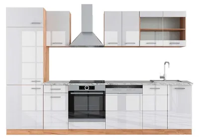 Produktbild von Küchenzeile Vicco R-Line Weiß Hochglanz/Goldkraft Eiche 300 cm , AP Marmor, Model 43051