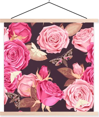 Produktbild von MuchoWow® Textilposter Rosen - Schmetterlinge - Natur 40x40 cm mit holzfarbenen Rahmen - Posterleiste