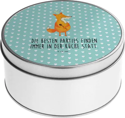 Produktbild von Mr. & Mrs. Panda Blechbüchse Fuchs Koch - Türkis Pastell - Geschenk, Kochmütze, Kochlöffel, Bäcker, Hungrig, Aufbewahrungsdose, Vorratsdose, Kaffeedose, Blechdose Rund