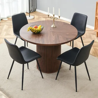 Image de Ensemble de salle à manger 5 pièces : table ronde de 100 cm de diamètre aspect noyer et 4 chaises en cuirPolyuréthanenoir - Ensemble moderne pour salle à manger et cuisine - Table de cuisine stable et peu encombrante