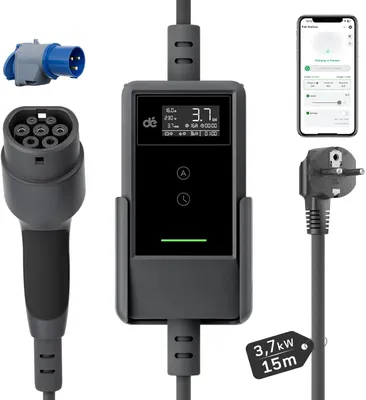 Image de Chargeur domestique pour voiture électrique, type 2, 3,7 kW, avec contrôle via application et câble de 15 mètres