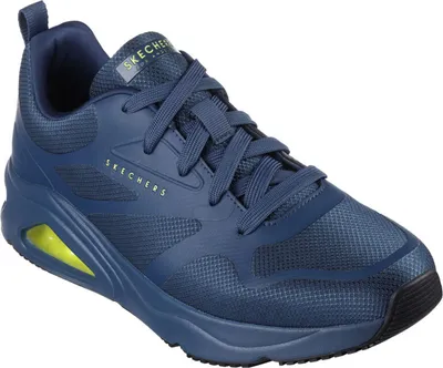 A single blue Skechers sneaker is shown from a side angle against a white background.