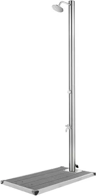 Produktbild von Gartendusche mit Grauer Bodenplatte Duschsäule Pooldusche Außendusche Garten Regendusche Campingdusche Terrassendusche für Outdoor Camping Pool 220 cm Edelstahl