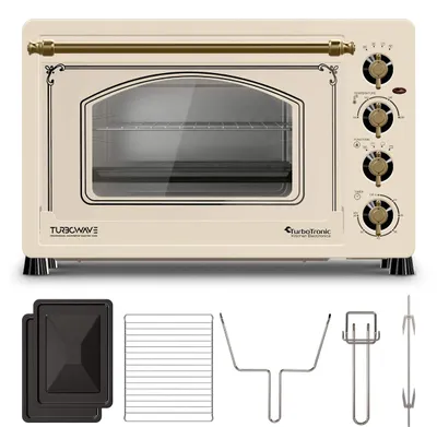 Produktbild von TurboTronic Minibackofen Retro – EV45R – 45 l, 2000 W, Umluft, Drehspieß, Backblech, kompakter elektrischer Vintage-Tischofen, Pizzaofen und Campingofen creme