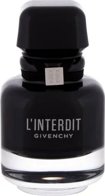 A black perfume bottle with a silver logo and text.