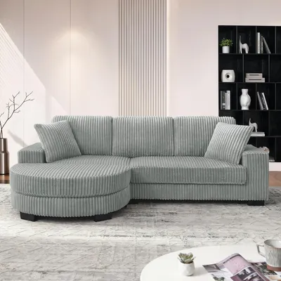 Produktbild von MODFU 4-Sitzer Ecksofa, L-förmiges Sofa mit Ovalhocker,Modulares Sofa mit Zwei Dekokissen,Cord,Grau