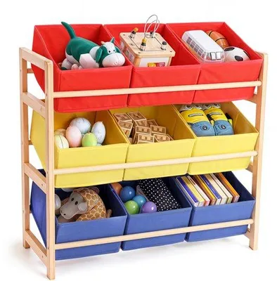 Obrázok produktu pre Uniqoos® Regál na hračky a úložný priestor – drevo, 9 farebných látkových košov, 65 x 27,5 x 60 cm, pre detské izby a škôlky