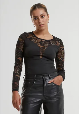 Zdjęcie produktu dla Damski body Urban Classics, model z okrągłym dekoltem i koronką, kolor czarny - rozmiar M