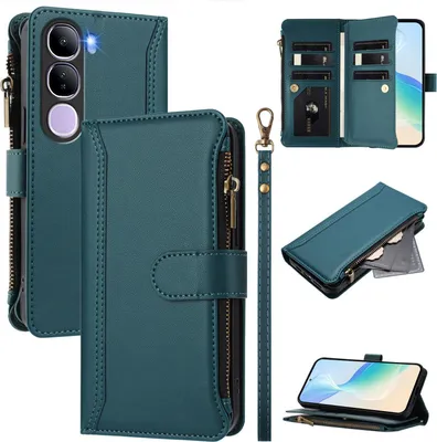 Image de Etui pour Vivo Y300, zippé, étui portefeuille en cuirPolyuréthaneavec pochettes pour cartes, support et dragonne vert
