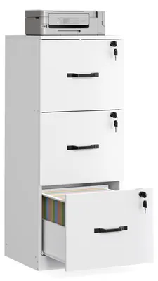 Produktbild von Aktenschrank - Büroschrank - 3 Abschließbare Schubladen - Verstellbare Hängeregister-Schiene - Druckerständer - Montage Erforderlich - Elfenbeinweiß