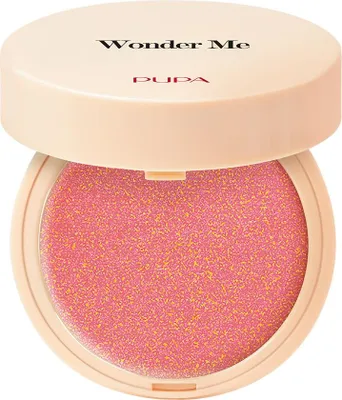 A Pupa Milano Wonder Me Blush in a light peach compact with the lid open, revealing the pink blush with gold flecks.