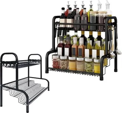 Produktbild von JOIEYOU Gewürzregal Stehend Schwarz Gewürz Organizer Gewurzregalsystem Ohne Bohren 2 Etagen Gewürzständer aus Metall Küchenregal für Gewürzflaschen, Gläser, Ölflaschen - 42.5 x 25.5 x 41 cm