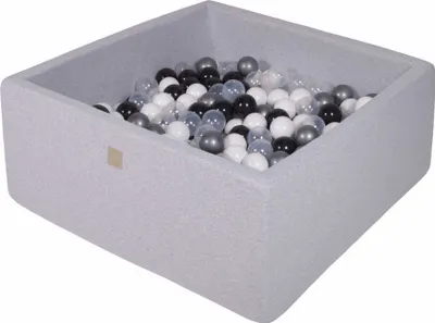Image de MeowBaby® Piscine à balles carrée pour bébés 90x90x40cm/300 balles 7cm Piscine à balles pour enfants, coton, gris clair : blanc/noir/transparent/argenté