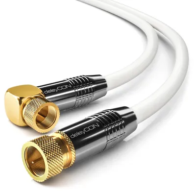 Produktbild von deleyCON 10m SAT Antennenkabel Satellitenkabel Koaxialkabel - HDTV Full HD 4K - F-Stecker 90° Gewinkelt zu F-Stecker Gerade - Weiß