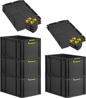 Produktbild von SparSet 5x Eurobox NextGen Color mit Auflagedeckel und Schiebeschnappverschlüsse | HxBxT 32x40x60cm | 65 Liter | Schwarz | Griffe gelb geschlossen | Verstärkter Boden | Eurobehälter, Transportbox, Transportbehälter, Stapelbehälter