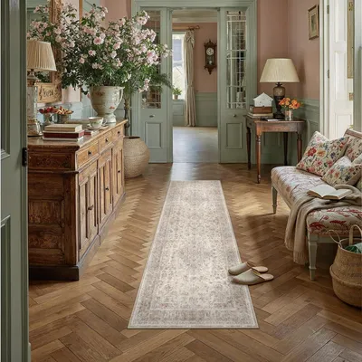 Zdjęcie produktu dla Dywan beżowy, vintage, krótki włos, 60x180 cm, można prać, antypoślizgowy, wykonany z mikrofibry