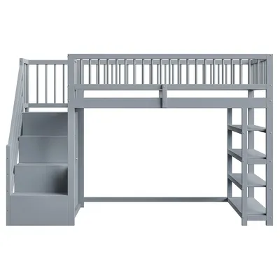 Produktbild von Flieks Etagenbett 90x200cm mit Garderobe, Kinderbett mit Regal, Hochbett mit Treppe und Lattenrost, Stockbett mit Rausfallschutz, Holzbett Grau