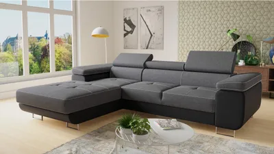 Produktbild von Ecksofa Divo mit einstellbare Kopfstützen und Schlaffunktion, Couchgarnitur, Sofagarnitur, Couch, Schlafsofa (Schwarz + Dunkelgrau (Soft 011 + Sawana 05), Ecksofa Links)