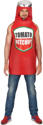 A man is wearing a ketchup bottle costume over jeans and sneakers.