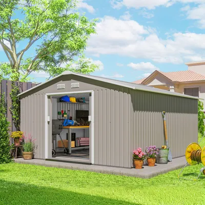 Image de Abri de jardin en métal XXL gris clair, abri en acier résistant aux intempéries avec socle, 4 fenêtres d'aération, 2 portes coulissantes | 386 x 340 x 200 cm | 26,5 kg