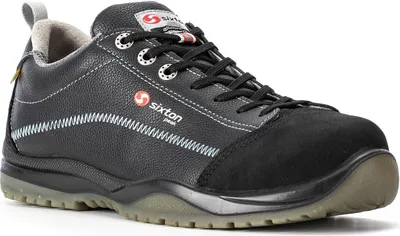 A black safety shoe is shown against a white background.