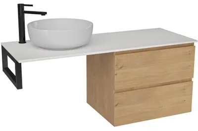 Produktbild von CERANO - Badezimmerschrank Carole - Honig-Eiche + Waschtischablage aus Verbundmarmor Elanys - 12 mm + schwarze Halterung - 120x46x49,2 cm