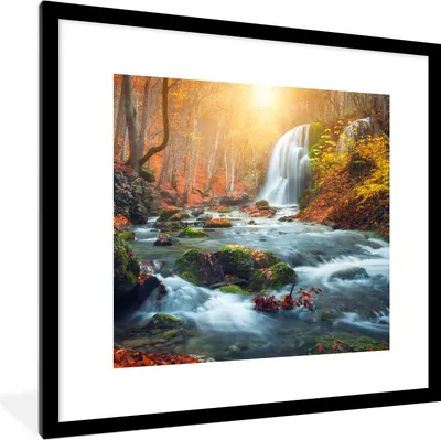 Produktbild von MuchoWow® Gerahmtes Poster Wasserfall - Sonne - Herbst 40x40 cm - Poster mit Schwarzem Bilderrahmen Wandposter Rahmen Foto Bilder - Poster - Plakat im Rahmen