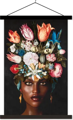 Produktbild von MuchoWow® Textilposter Frau - Blumen - Bunt 120x180 cm mit schwarzem Rahmen - Fotos