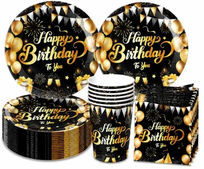 Pappgeschirr-Set 50-tlg., Schwarz-Gold, für 10 Gäste