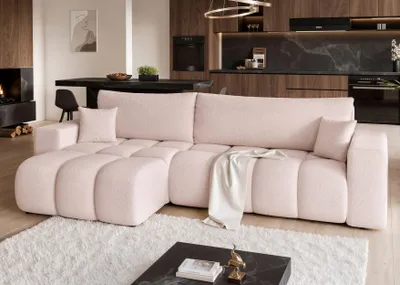 Image de Idohome - Canapé d'angle "Bubble" OFI XL en tissu bouclé, avec fonction convertible et coffre de rangement, idéal pour le salon - Couleur : Rose Centaur 05