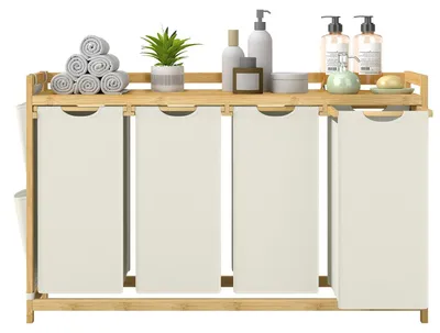 Produktbild von Wäschekorb mit 4 Fächern aus Bambus, 200 l | Weiß | 33x124,6x78 cm