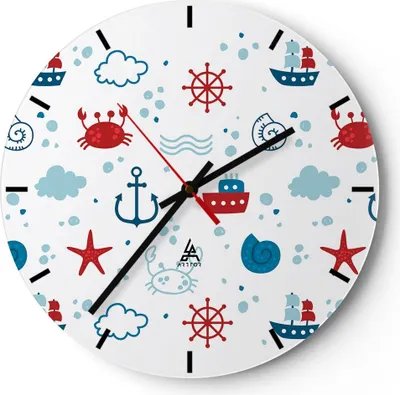 Produktbild von Wanduhr - Rund - Glasuhr - Meer Boot Anker Schiff - 30x30cm - Schleichendes Uhrwerk - Lautlos - zum Aufhängen bereit - Dekoration Modern - Wanddekoration aus Glas - C3AR30x30-2889