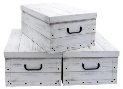 Produktbild von 3er Set Aufbewahrungsboxen mit Deckel 51 x 37 cm - Holzoptik weiß - Stapelbare Pappboxen mit Griffen 45 Liter - Organizer für Spielzeug und Geschenke