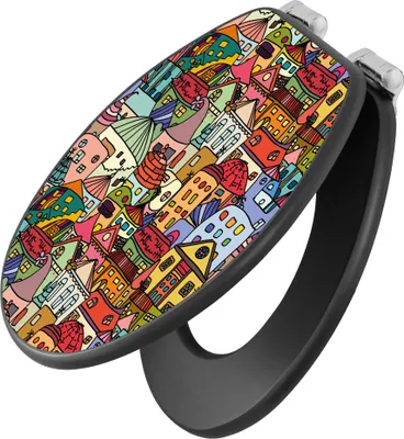 A toilet seat with a colorful, cartoon-like design of houses.