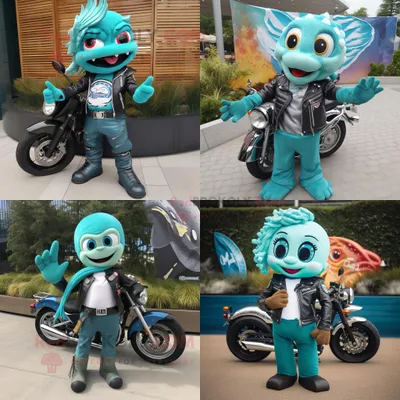 Zdjęcie produktu dla Turkusowa REDBROKOLY postać w kostiumie maskotki syreny ubrana w kurtkę motocyklową i poszetki